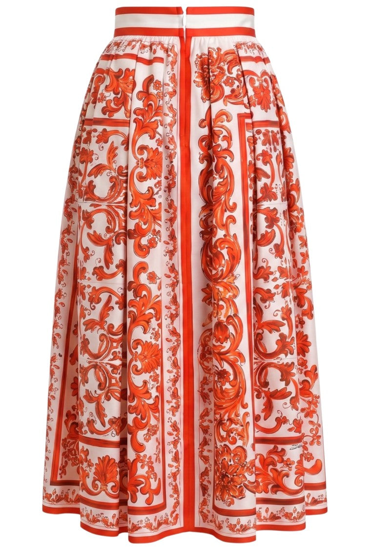 Dolce & Gabbana White Orange Pleated Effect Side Slit Pockets Cotton Skirt