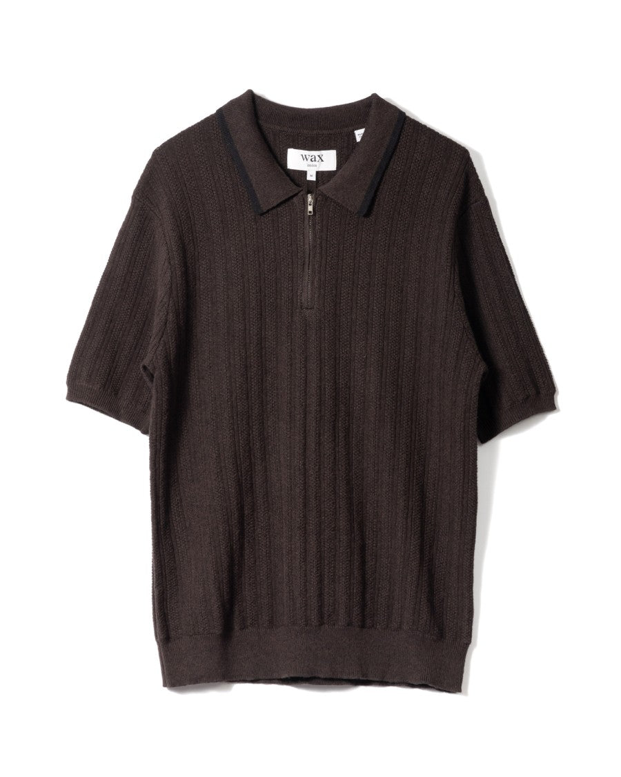 Wax London Dark Brown Ribbed Zip Closure Polo Shirt