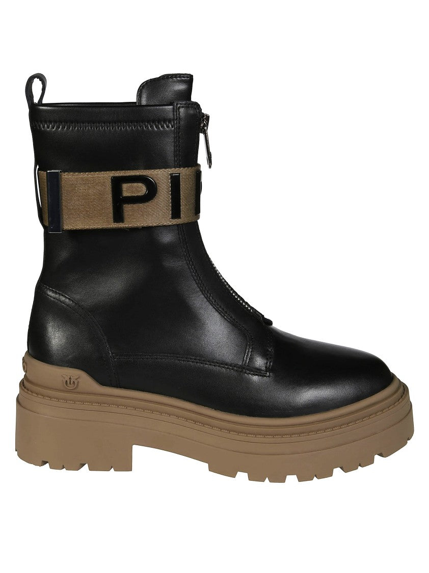 Pinko Stretch Leather Biker Lace-Up With Gold Buckle