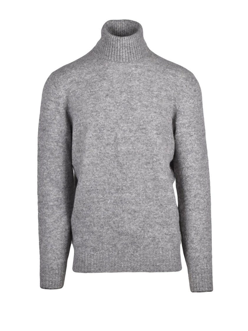 Brunello Cucinelli High Neck Sweater In Heathered Grey With Ribbed Details
