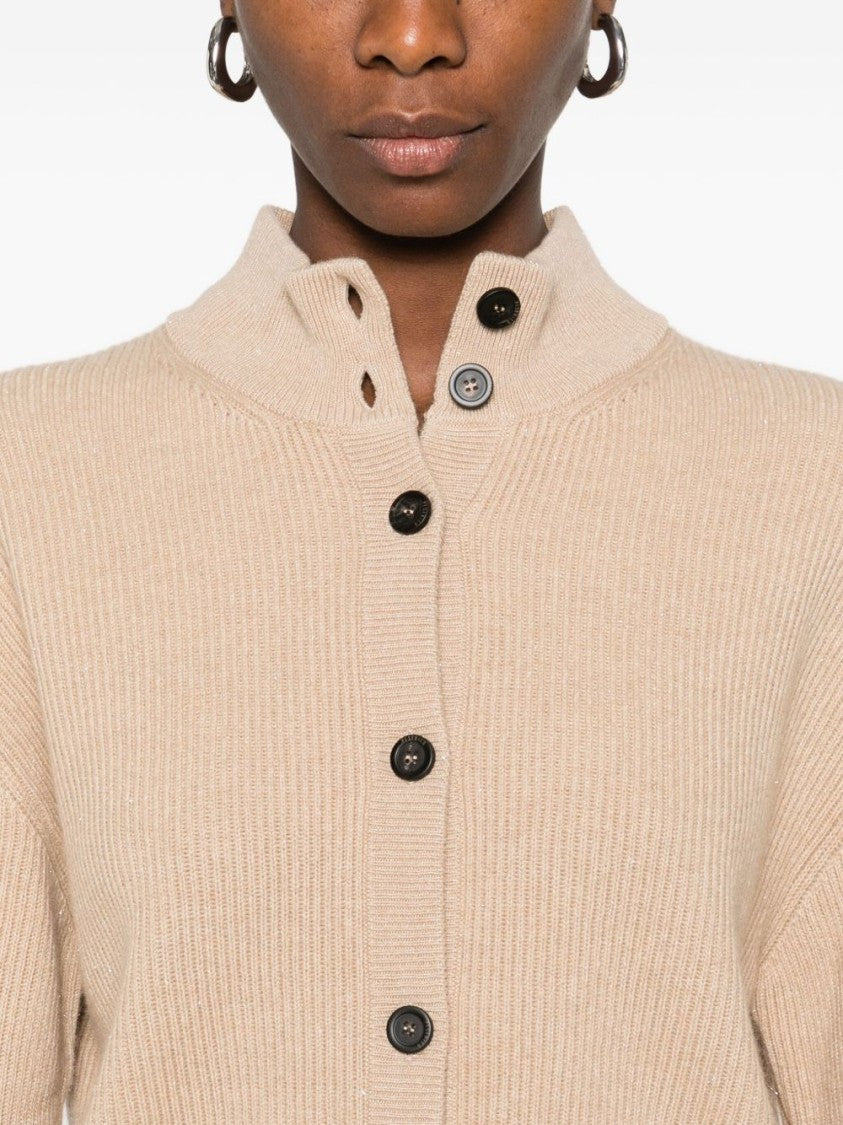 Peserico Beige Ribbed Knit Sweater With High Neckline