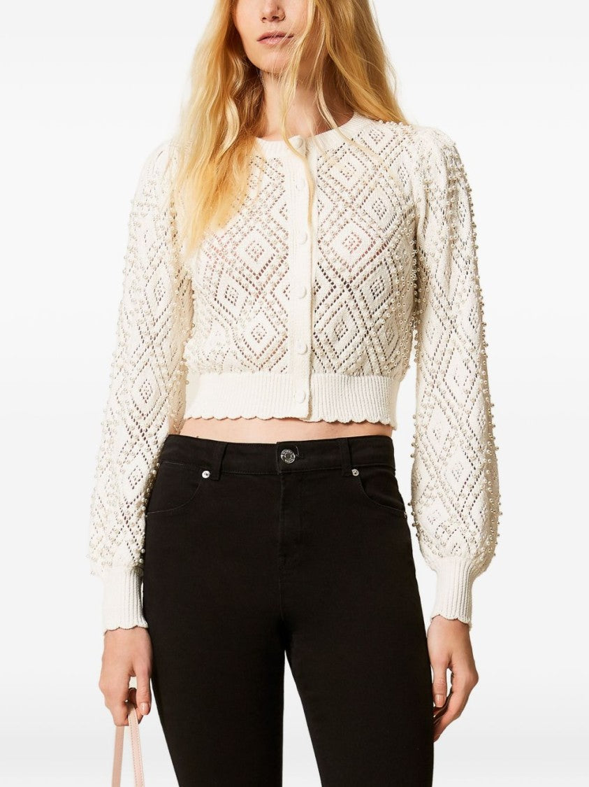 Twin-Set Cropped Knit Cardigan With Openwork Diamond Pattern And Puffed Sleeves