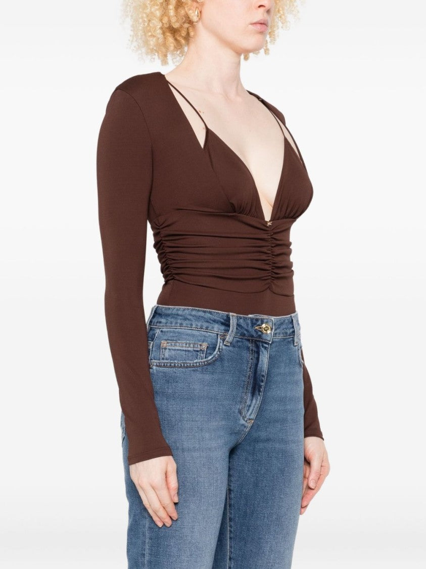 Elisabetta Franchi Brown Long-Sleeve Top With Deep V-Neckline