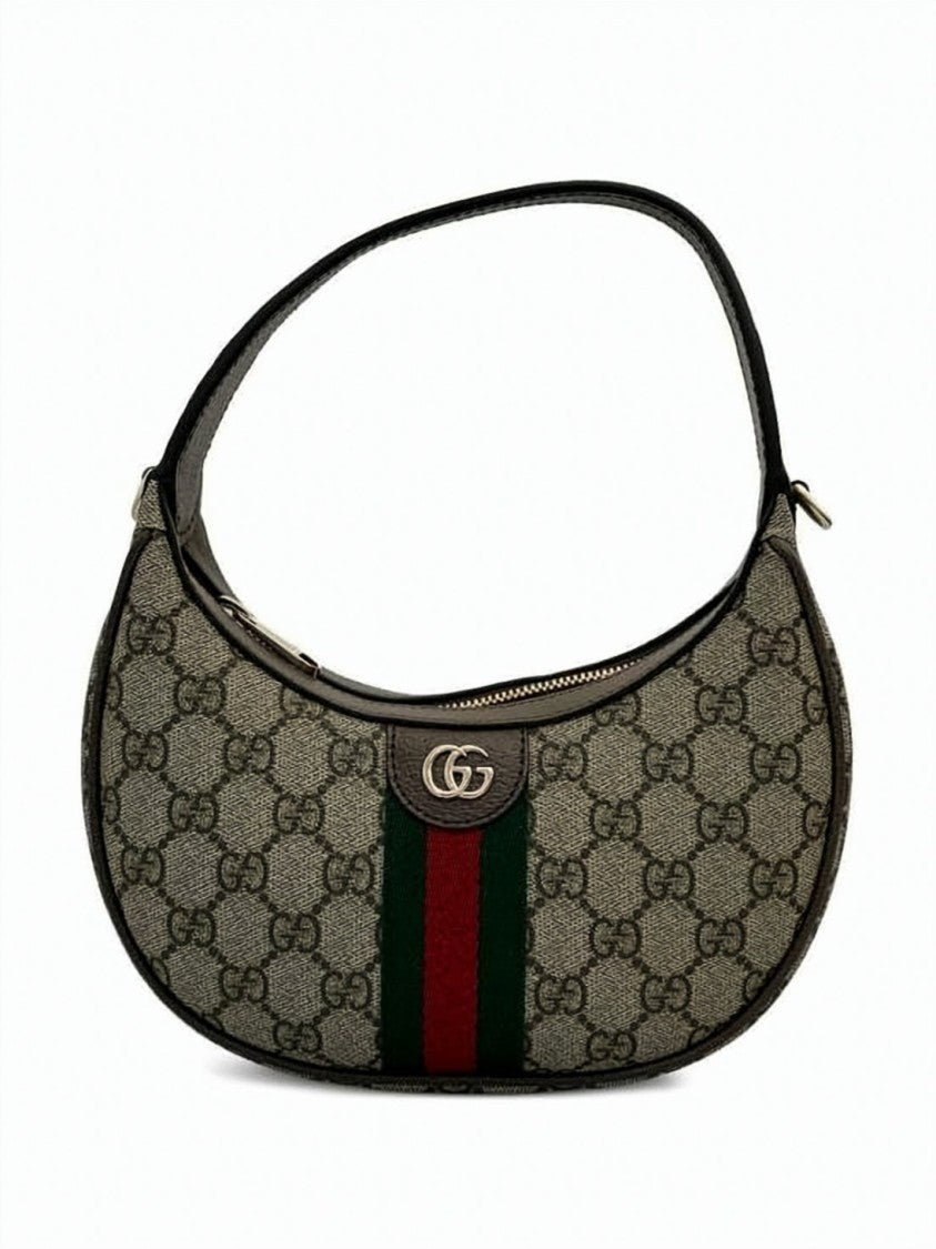 Gucci Crescent-Shaped Shoulder Bag With Signature Monogram Canvas And Web Stripe