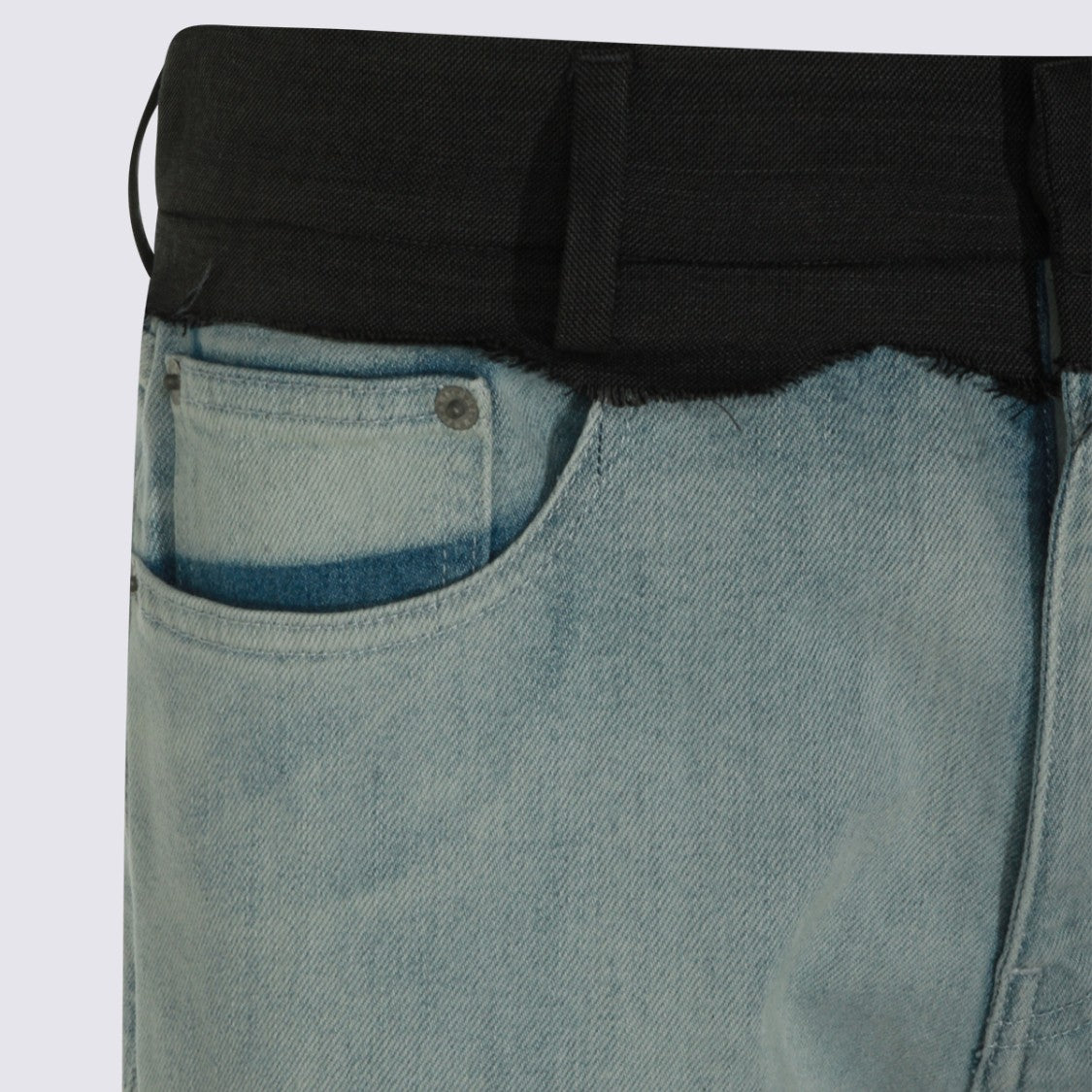 Mm6 By Maison Margiela Light Blue Washed Denim Jeans With Black Waistband And Raw Edge