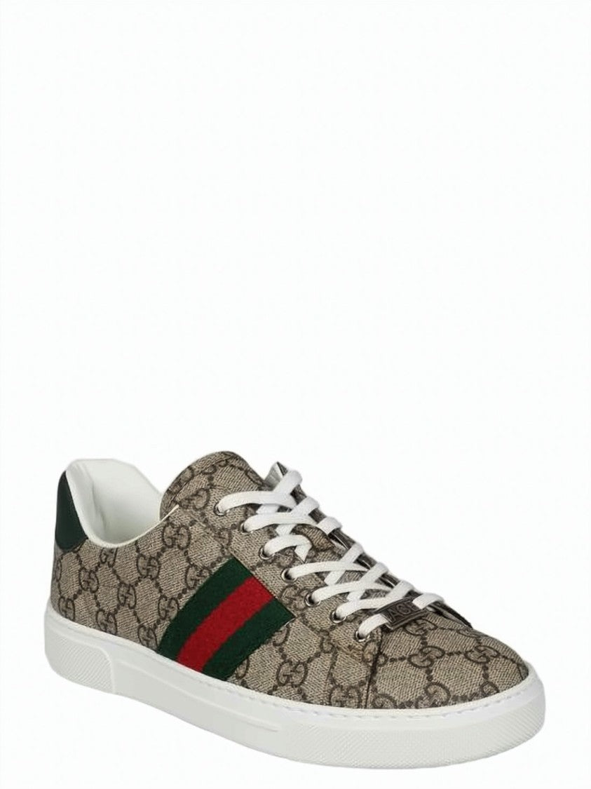 Gucci Canvas Upper Sneakers With Monogram Pattern And Iconic Stripe