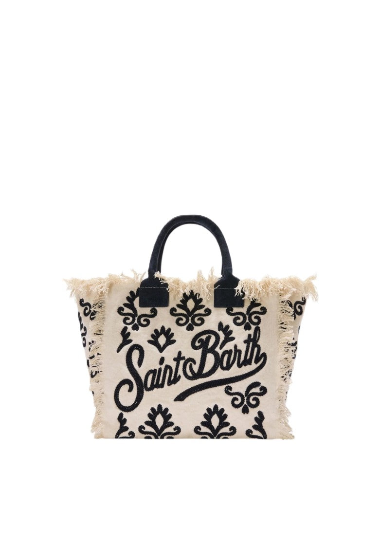 Mc2 Saint Barth Fringed Natural Beige Tote Bag With Black Detailing