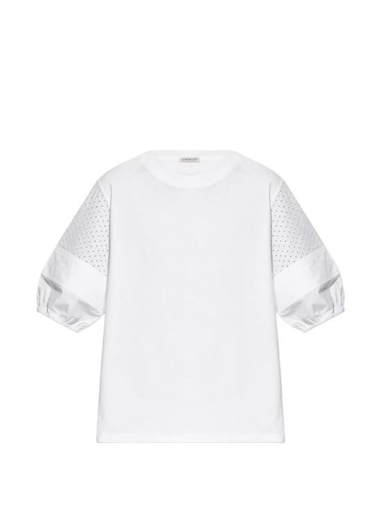 Moncler Puffed Sleeve Cotton Jersey Top With Eyelet Detailing