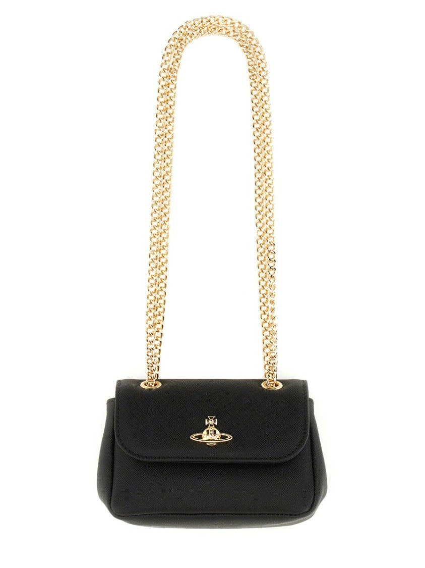 Vivienne Westwood Rectangular Black Shoulder Bag With Gold Chain And Emblem