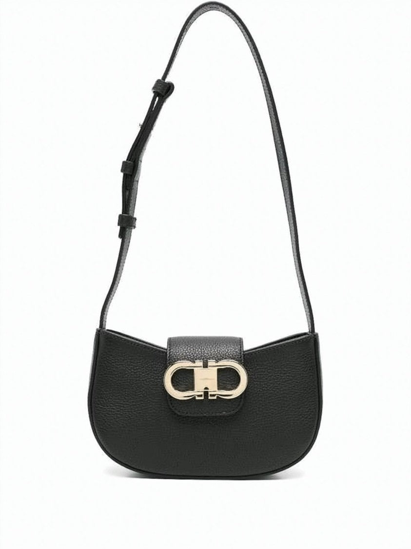 Salvatore Ferragamo Curved Rectangular Black Calf Leather Shoulder Bag