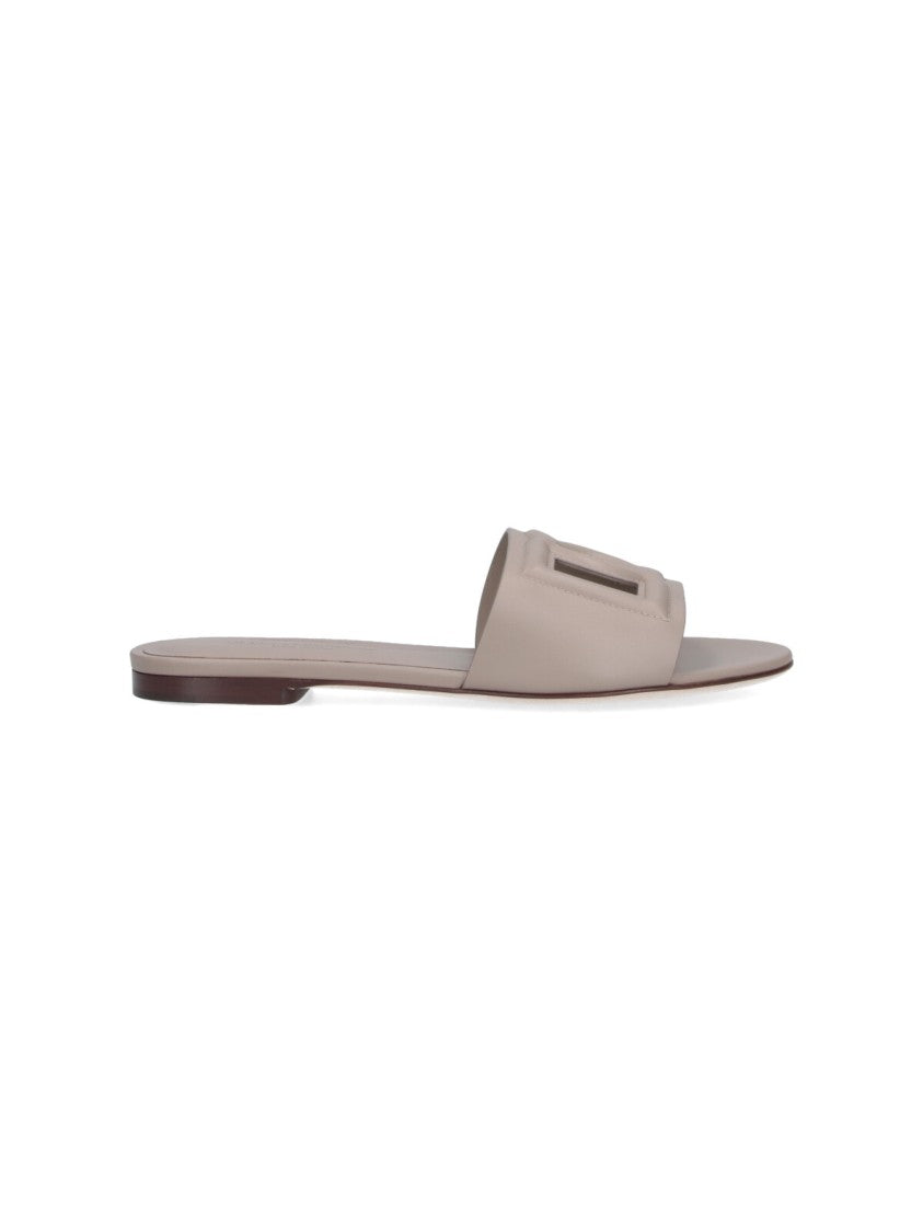 Dolce & Gabbana Taupe Leather Slip-On Sandals With Logo Detail