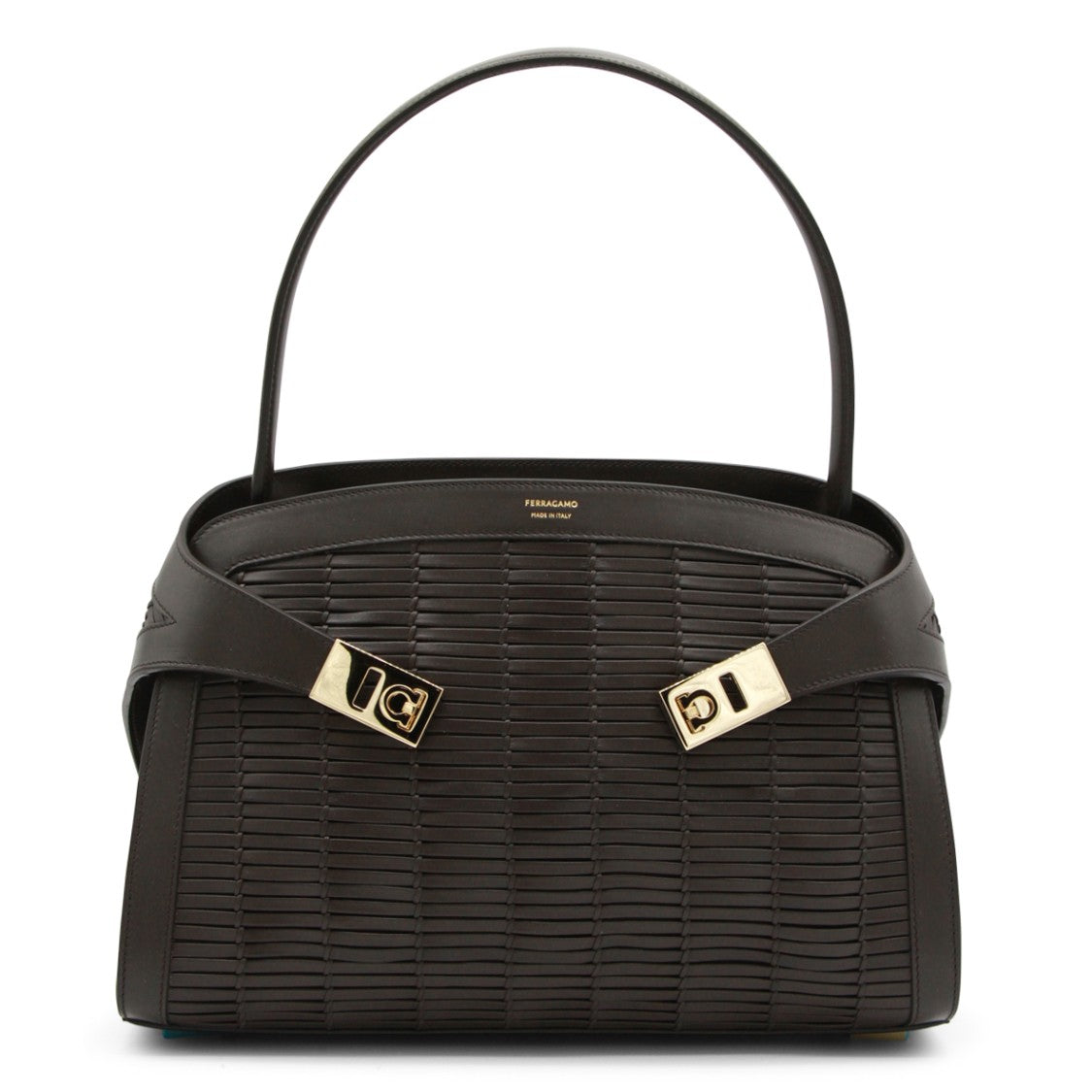 Ferragamo Textured Brown Leather Shoulder Bag With Gold-Tone Accents