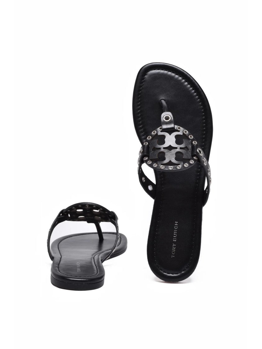 Tory Burch Black Miller Eyelet Leather Flip Flops