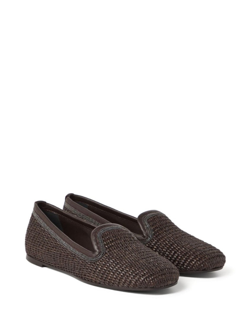 Brunello Cucinelli Chocolate Brown Slip-On Shoes With Monili Chain Detail