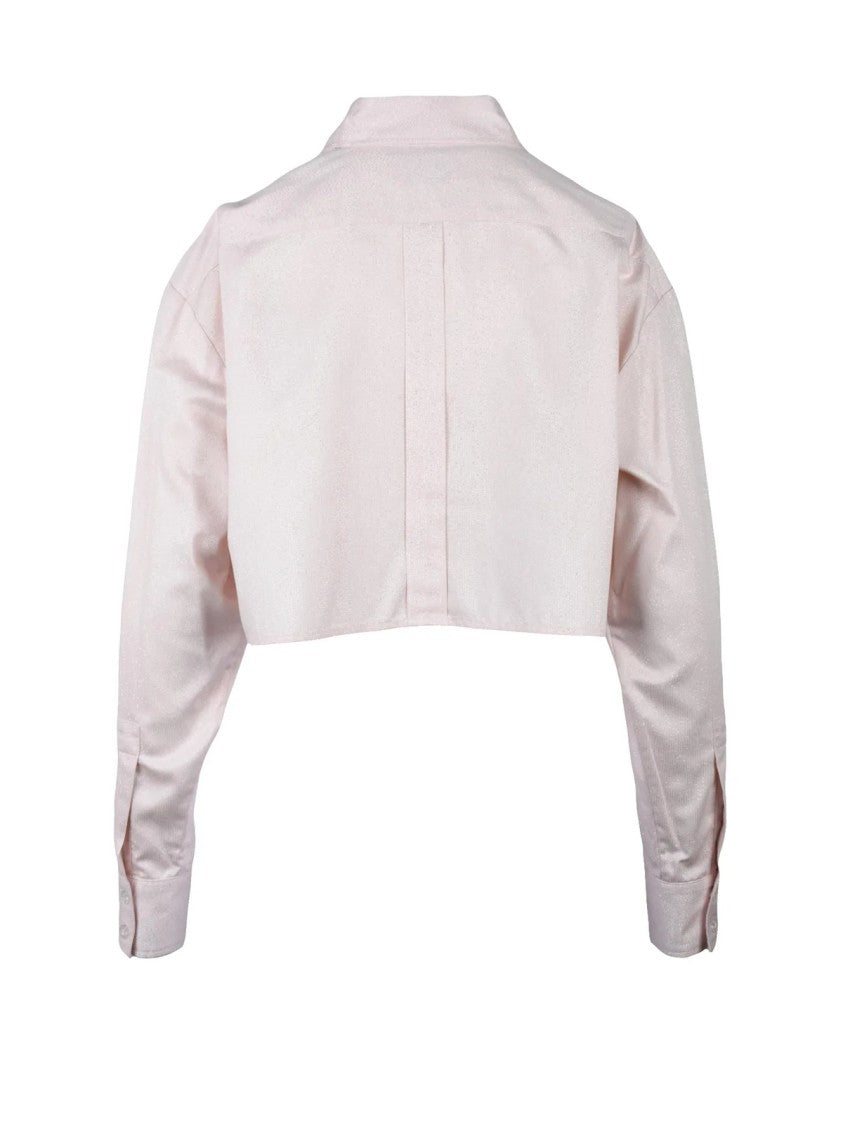 Chiara Ferragni Cropped Pink Lamé Shirt With Classic Collar