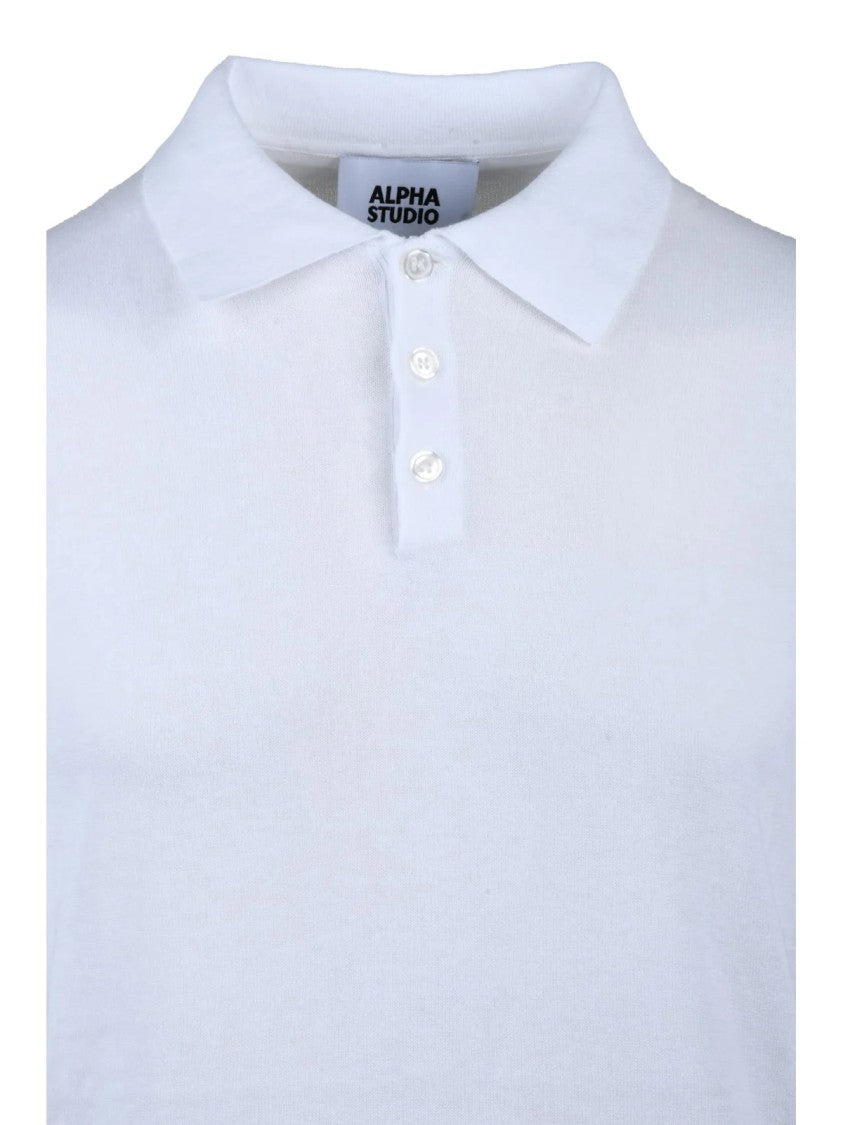 Alpha Studio White Cotton Knit Polo Shirt