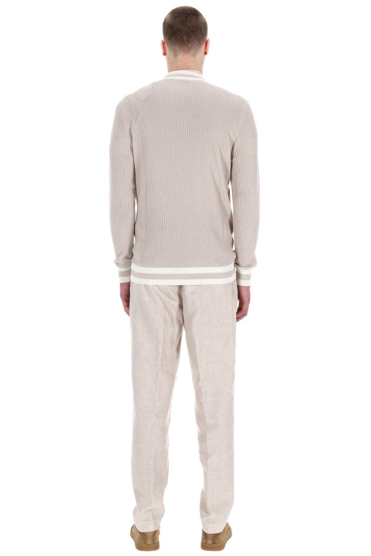 Eleventy V-Neck Cotton Sweater With Contrast Trim