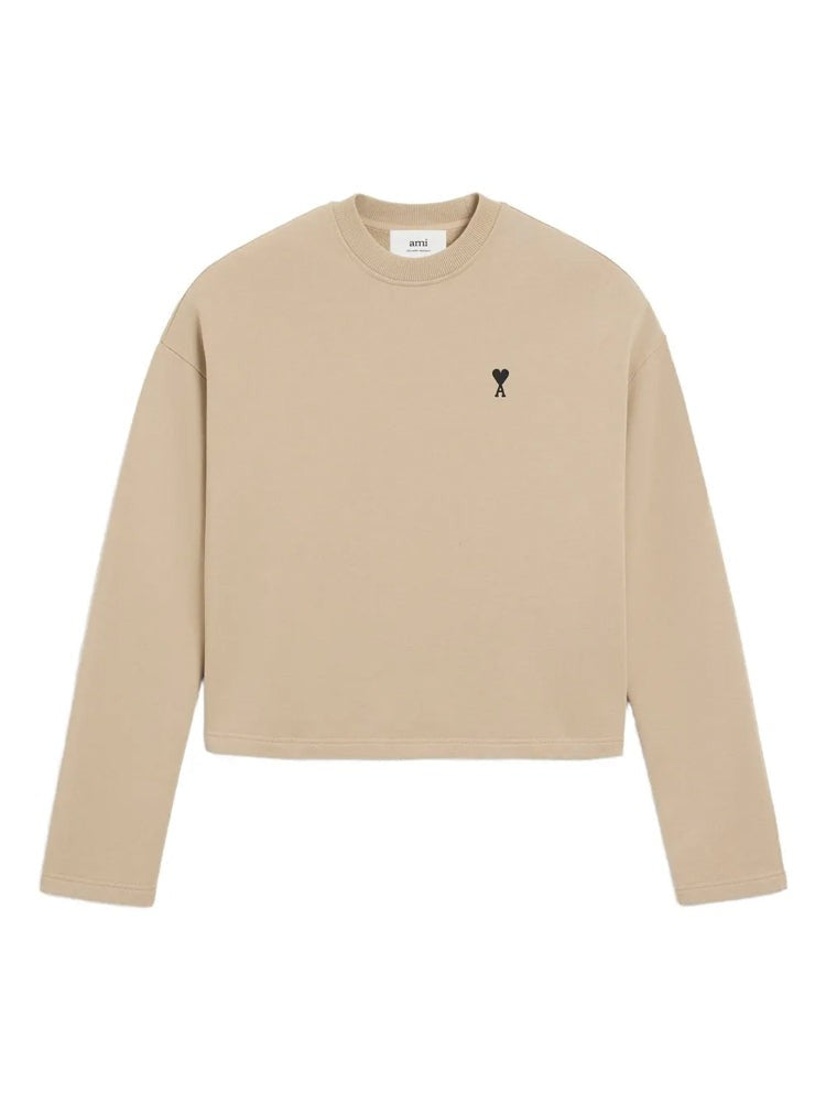 Ami Paris Cropped Beige Sweatshirt With Embroidered Heart Logo