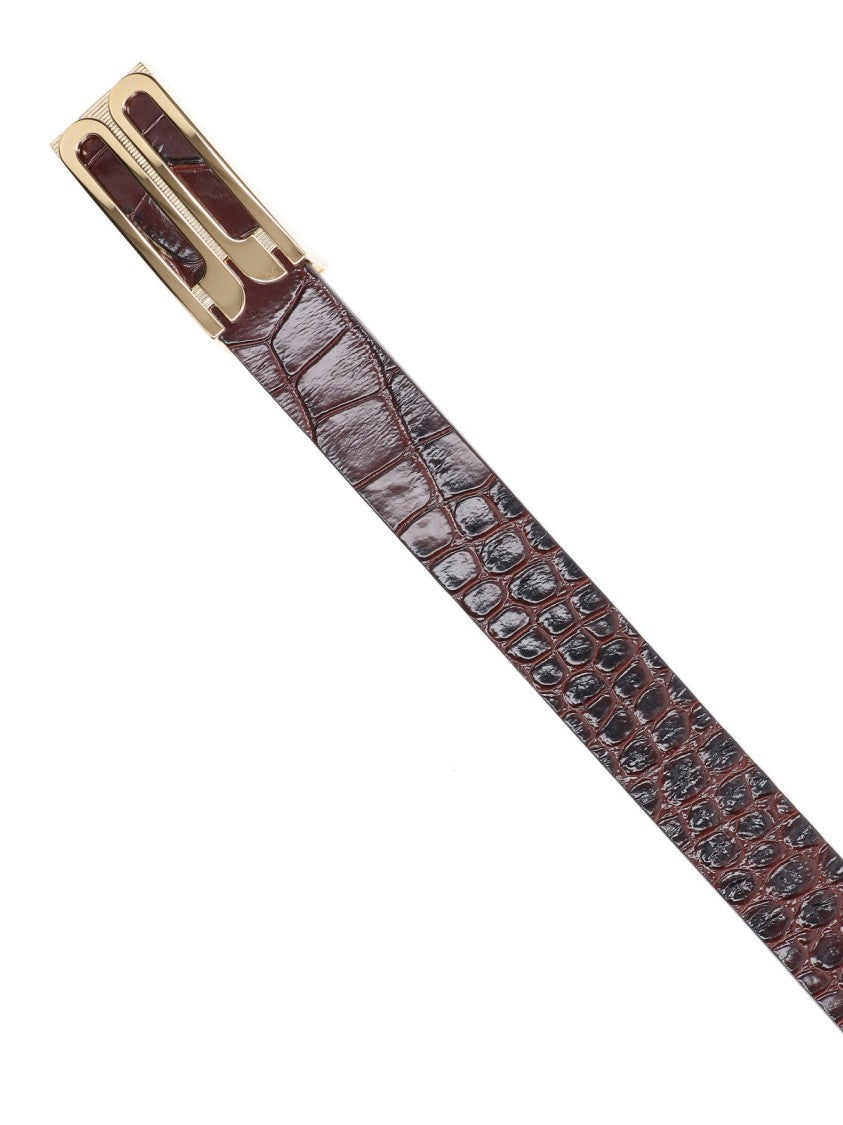 Victoria Beckham Crocodile-Embossed Brown Belt With Geometric Buckle