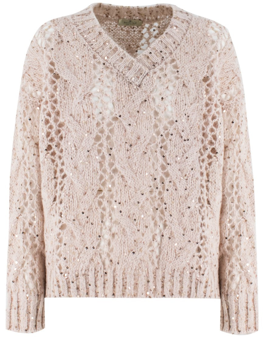 Panicale V-Neck Sweater With Intricate Cable Knit