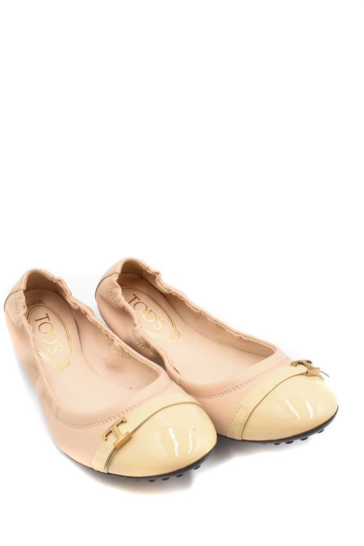 Tod's Beige Logo Buckle Patent Cap Toe Leather Ballet Flats