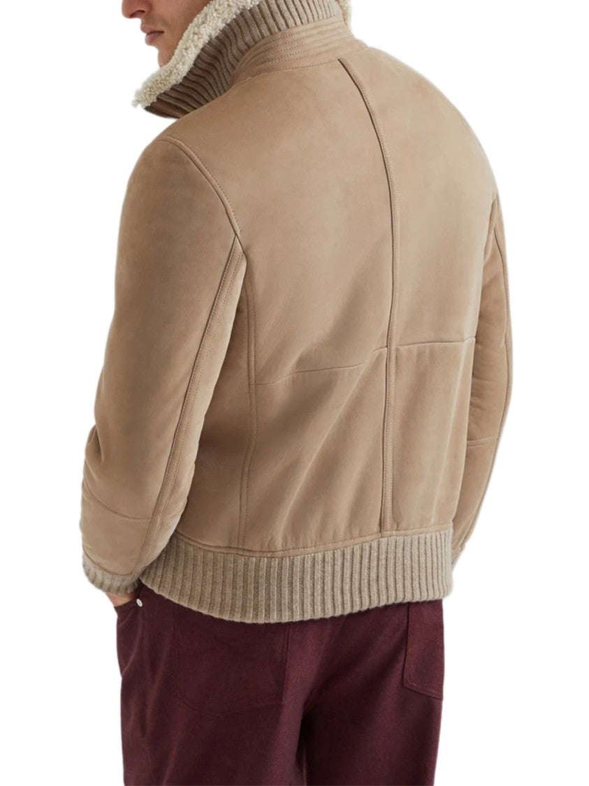 Brunello Cucinelli Suede-Like Shearling Jacket With Ribbed Detailing