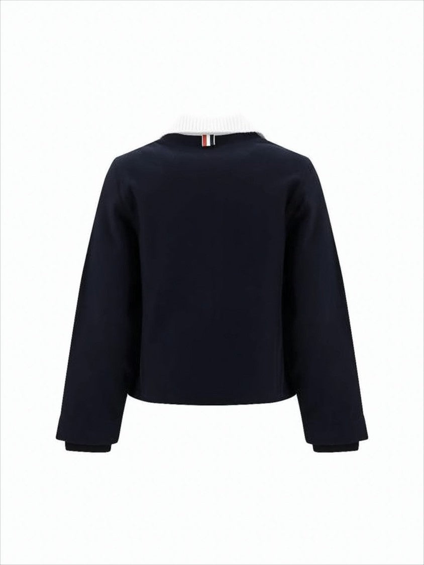 Thom Browne Cropped Blue Jacket With Contrasting White Collar And Tricolor Tab