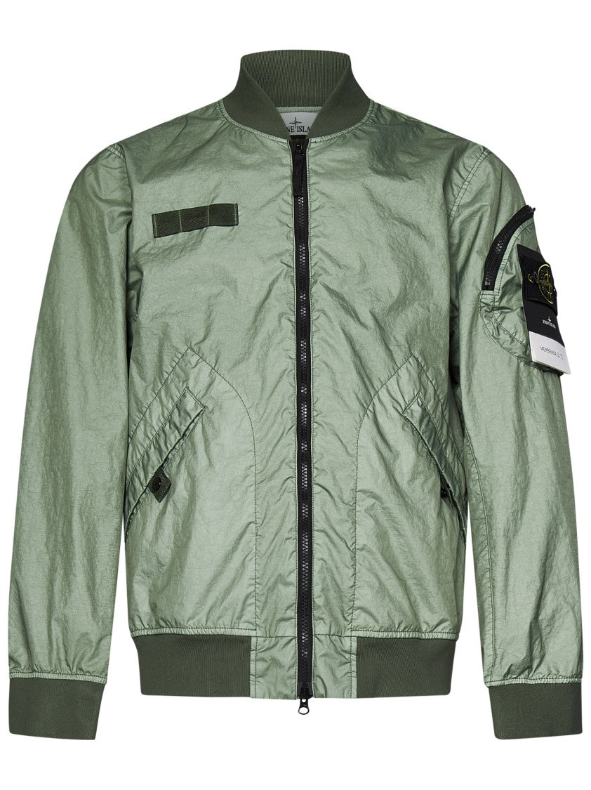 Stone Island Contemporary Green Nylon Parka With Ribbed Cuffs
