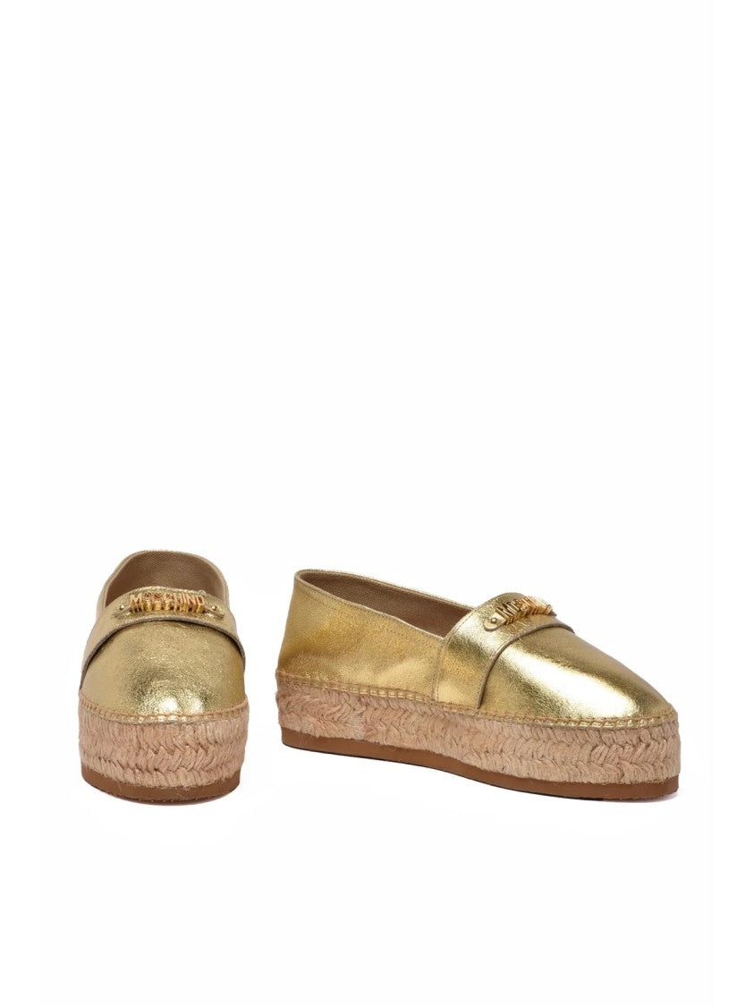 Moschino Couture Gold Metallic Rope Wedge Leather Espadrilles