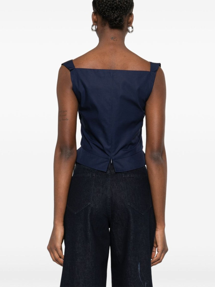 Vivienne Westwood Sleeveless Blue Top With Draped Cowl Neckline And Pointed Hem