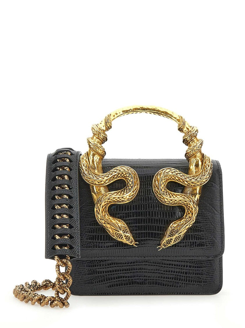 Roberto Cavalli Cobra-Embossed Leather Handbag With Gold Snake Handle