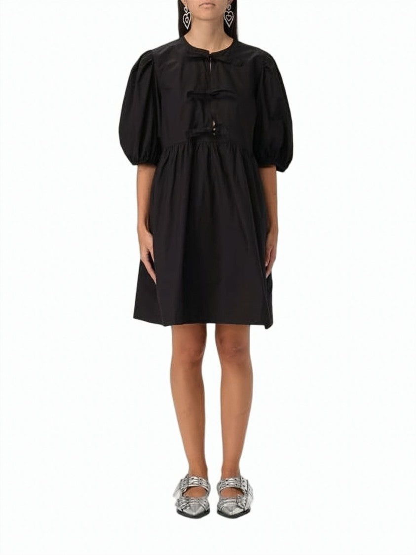 Ganni Voluminous Puff Sleeve Midi Dress With Bow Accents