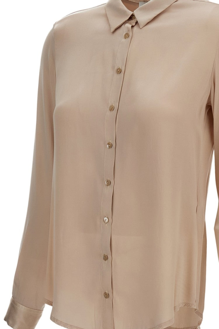 Q-Wins Button-Down Beige Blouse With Classic Collar And Pleat Detail