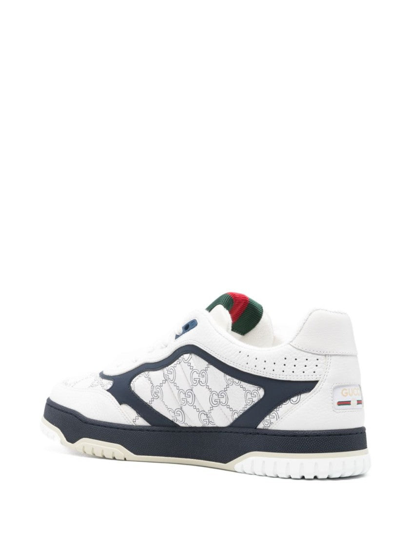 Gucci White Calfskin Flat Shoes With Navy Overlays