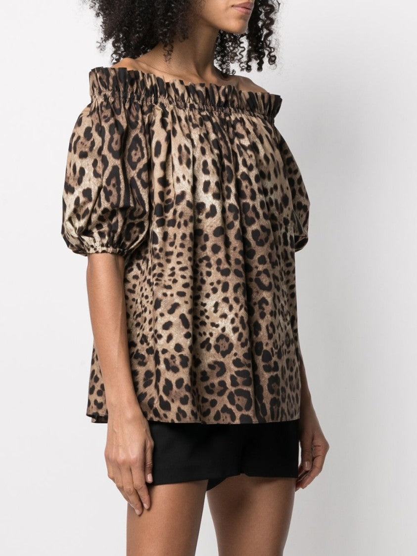 Dolce & Gabbana Leopard Print Off-Shoulder Blouse With Puff Sleeves