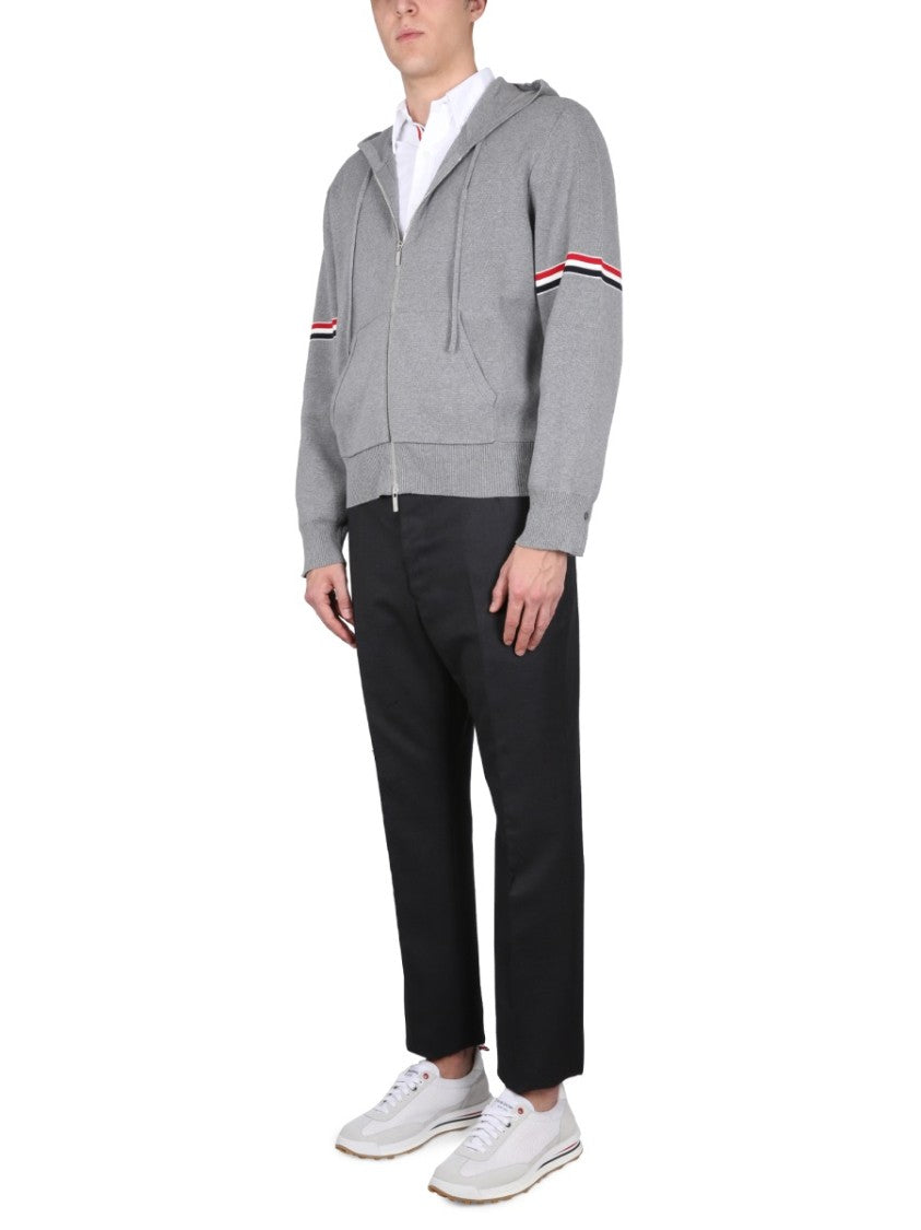 Thom Browne Zip-Up Hoodie With Drawstring And Contrasting Striped Sleeves