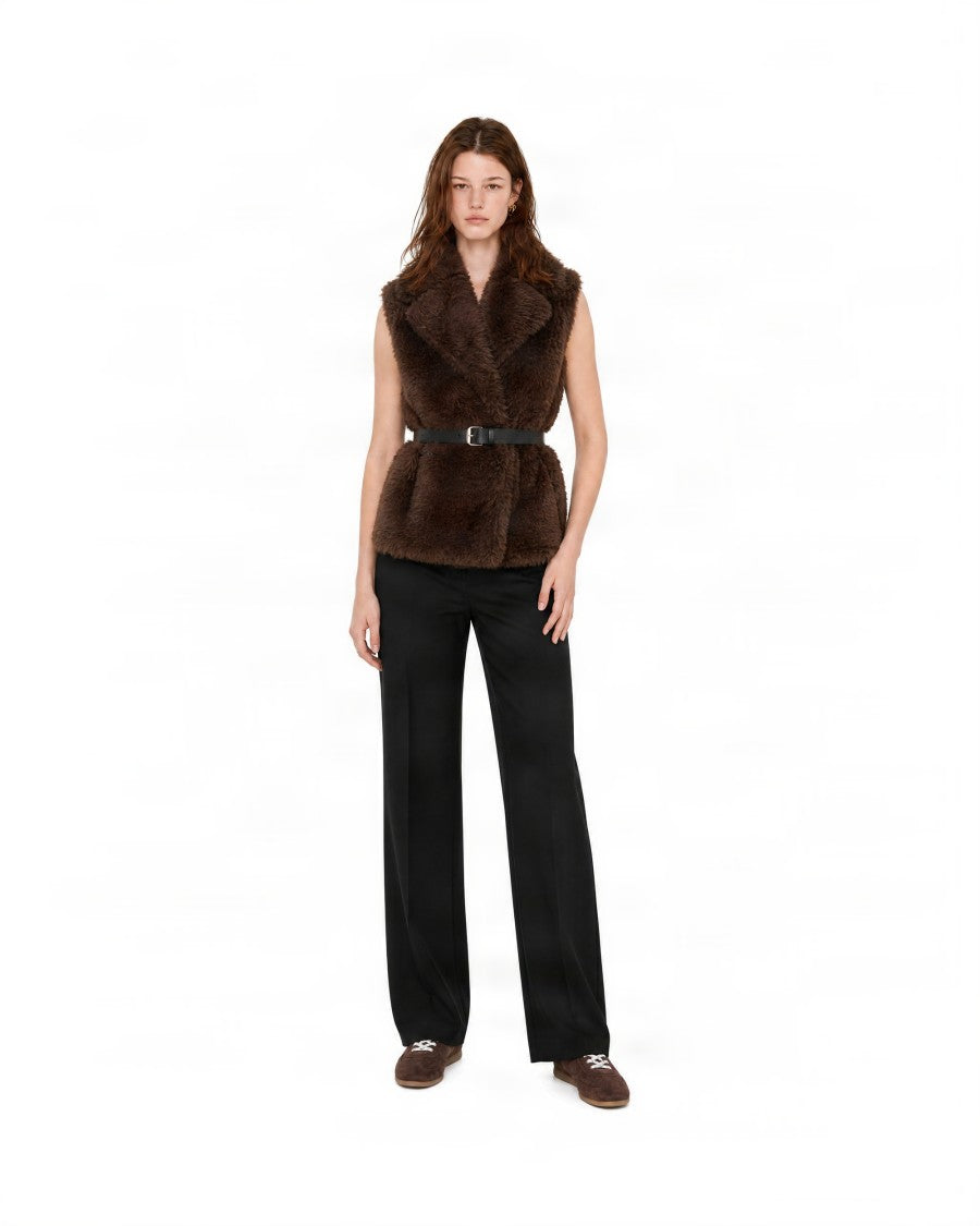 P.A.R.O.S.H. Faux Fur Sleeveless Vest With Waist Belt And Voluminous Collar