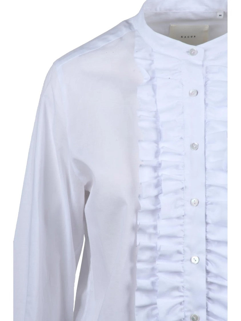 Xacus White Vertical Ruffle Mandarin Collar Cotton Shirt
