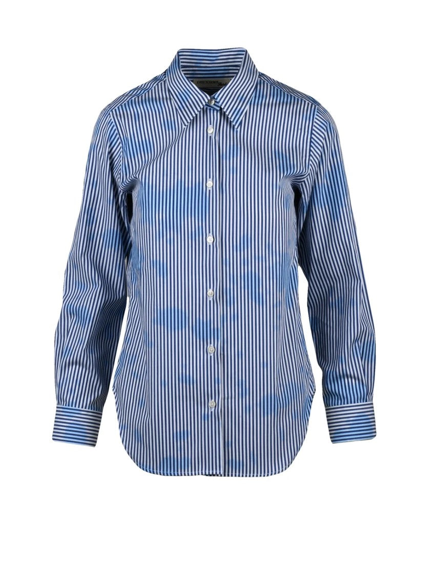 Deuxieme Vertical Stripe Cotton Shirt With Pleat Detail In Blue