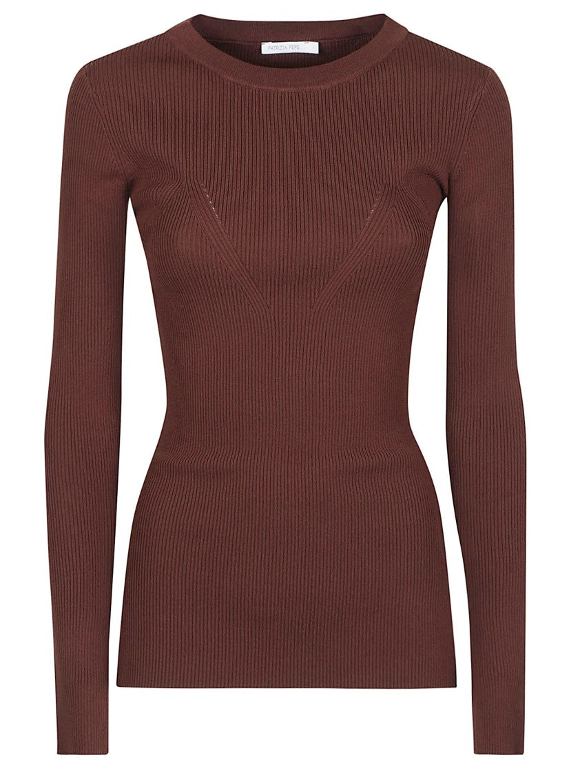 Patrizia Pepe Long Sleeve Round Neck Fitted Viscose-Blend Sweater