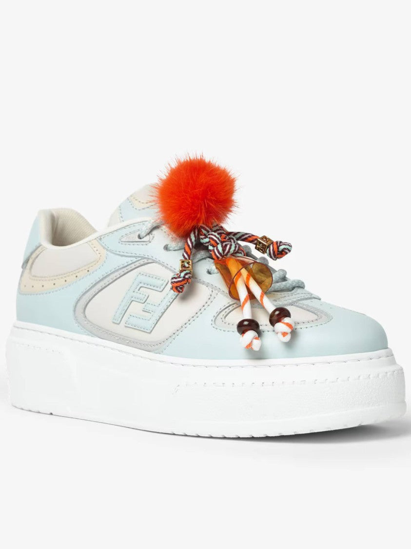 Fendi Pastel Blue And Cream Leather Sneakers With Detachable Accessories