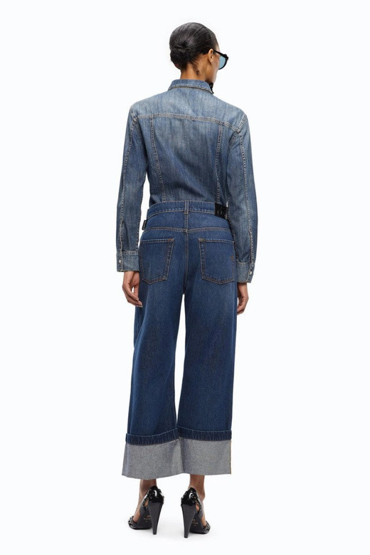 Pinko Blue Cotton Belted Wide-Leg Jeans