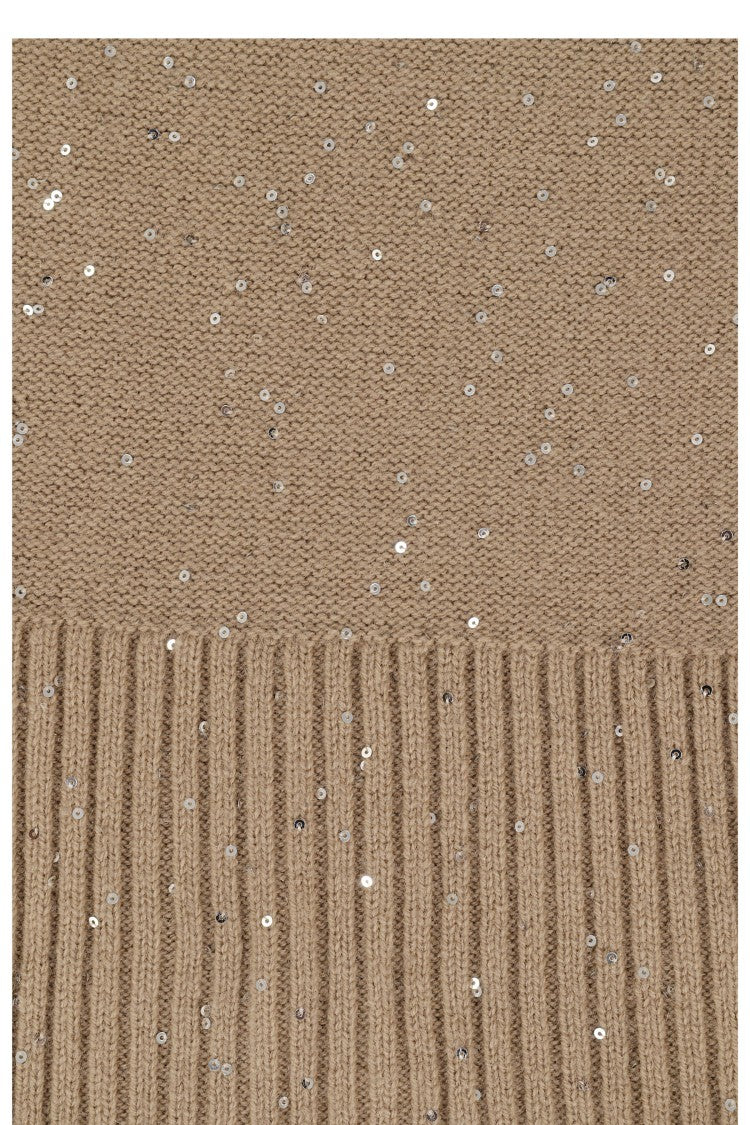 Antonelli Camel Knitted Scarf With All-Over Sequins
