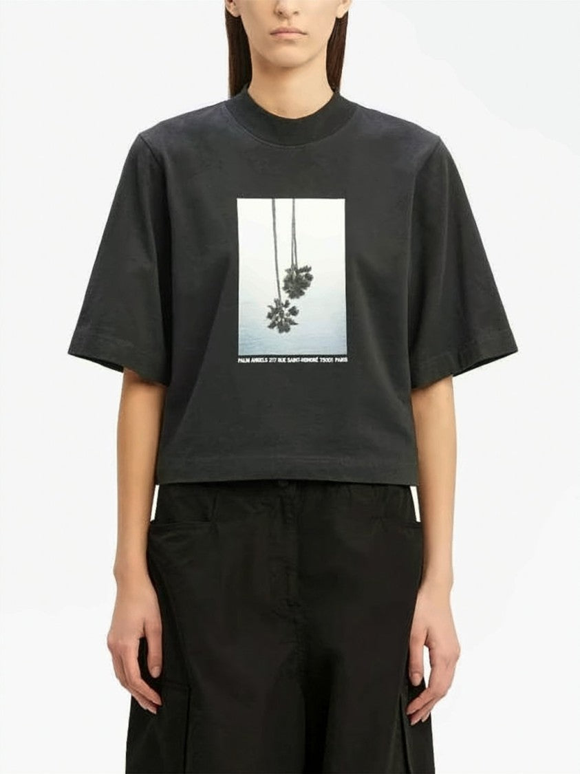 Palm Angels Cropped Black T-Shirt With Graphic Palm Trees