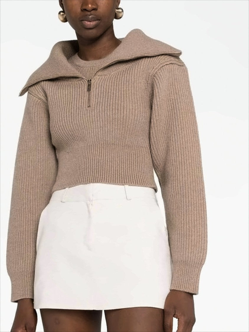 Jacquemus Cropped Brown Wool Sweater With Fold-Over Collar