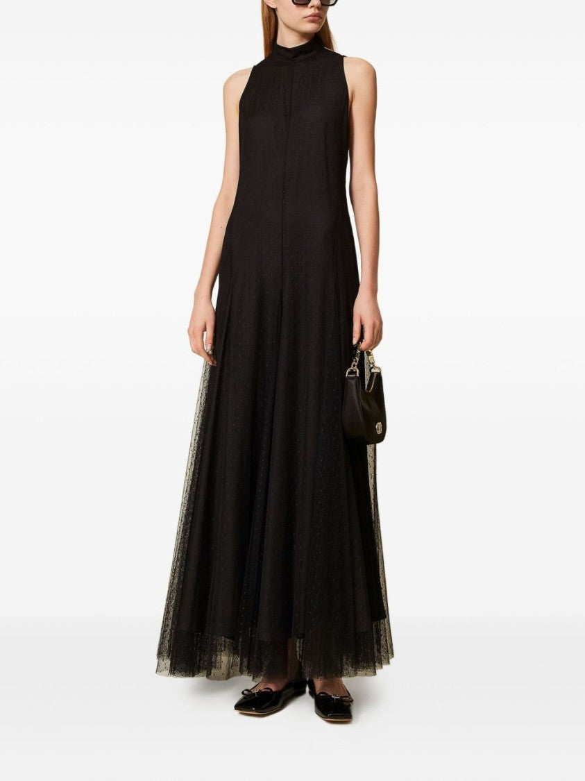 Twin-Set Sleeveless Black Maxi Dress With Tulle Overlay