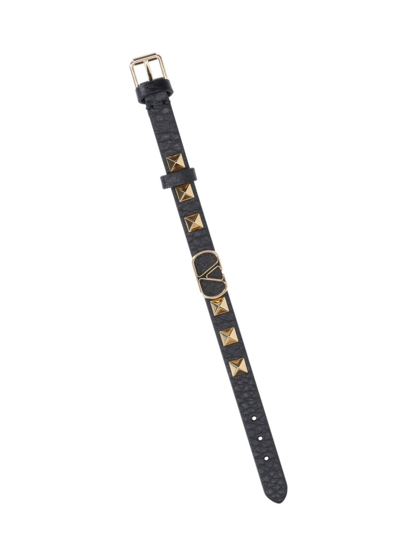 Valentino Garavani Black Textured Leather Bracelet With Gold Studs