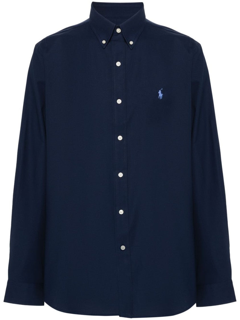 Polo Ralph Lauren Navy Blue Stretch-Cotton Button-Down Shirt With Signature Motif