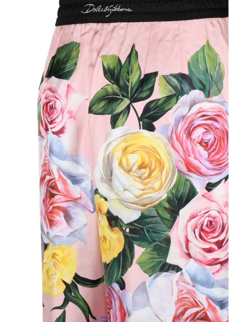 Dolce & Gabbana High-Waisted Floral Print Silk Satin Trousers