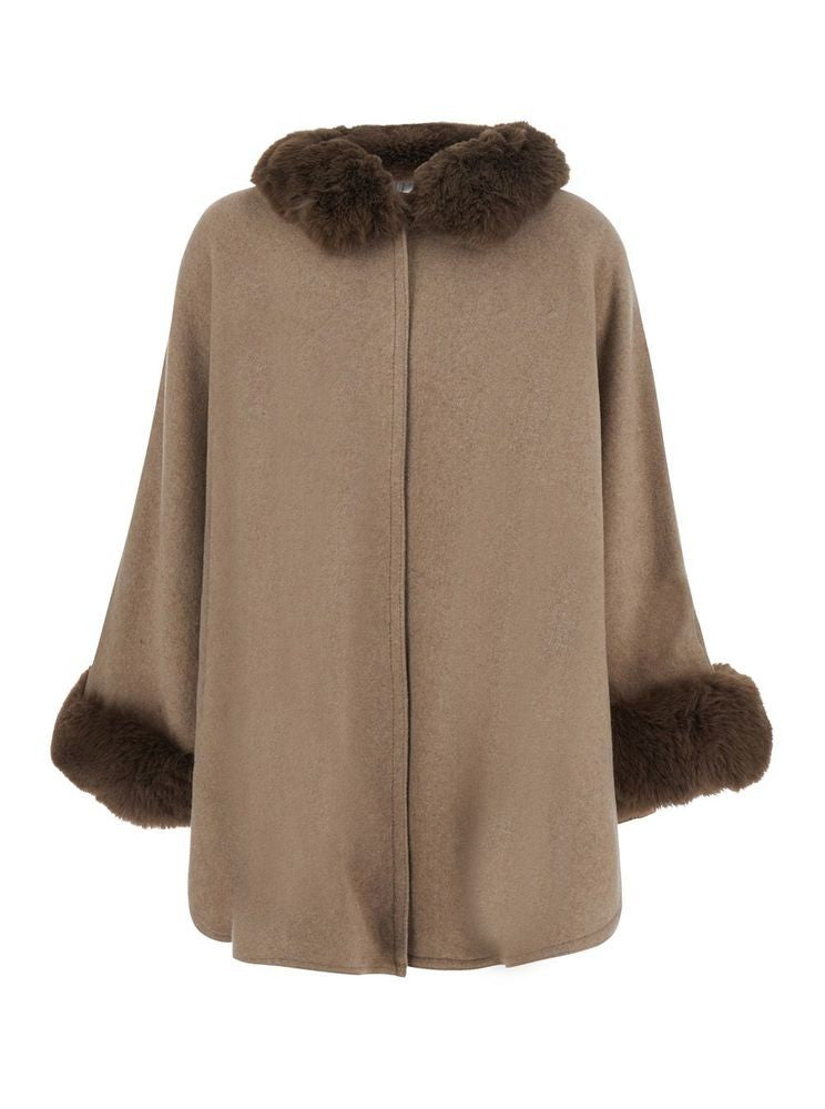 Twin-Set Plush Fur Trim Loose-Fitting Cape Coat